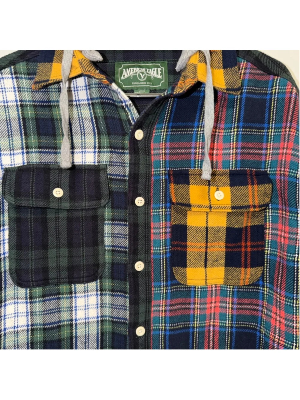 Mens American Eagle AEO Multi-color plaid Casual Shirt removable hood S Small
